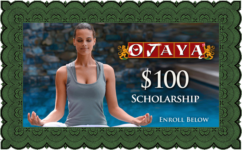 $100 Scholarship Enroll Below Blissful woman meditates with the OJAYA mantra to calm anxiety.